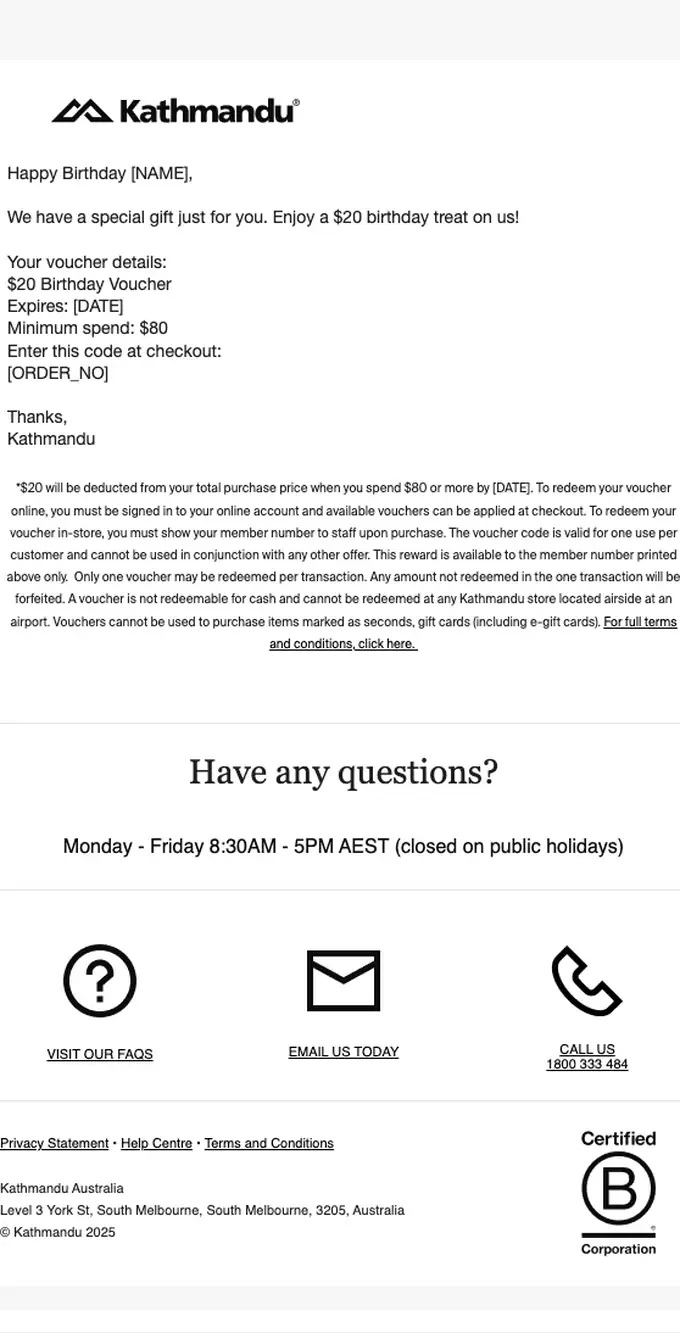 Kathmandu AU promotional email, full length