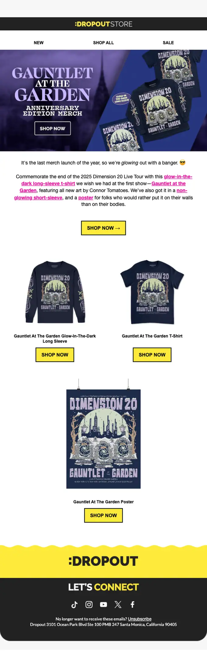 Dropout Merch product launch email, full length