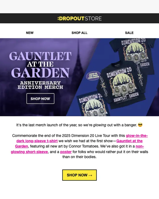 Dropout Merch product launch email