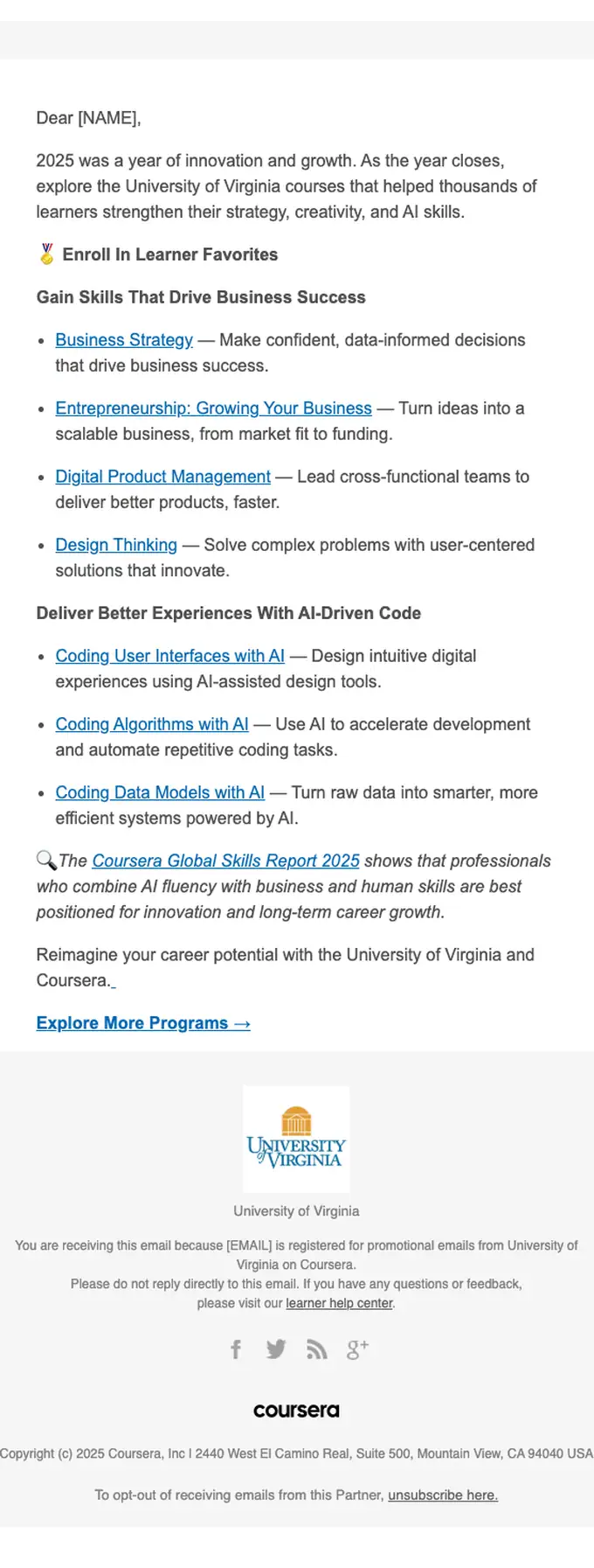 University of Virginia promotional email, full length
