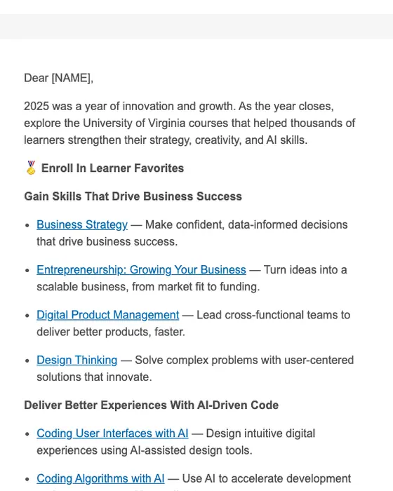 University of Virginia promotional email: University of Virginia: Top Business + AI Courses to Learn Before 2026