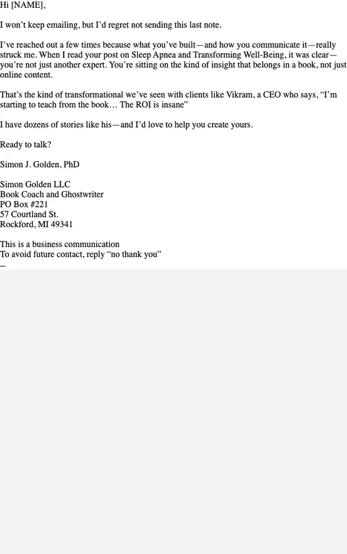 Simon Golden LLC re engagement email, full length