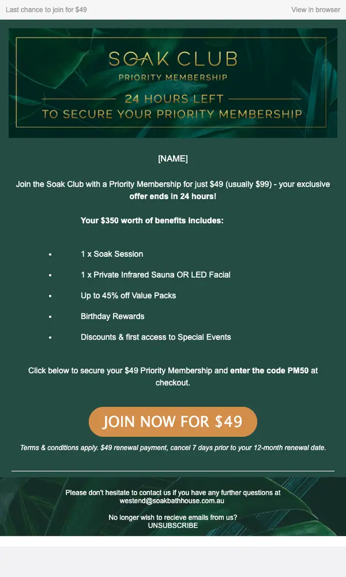 Soak West End discount offer email, full length