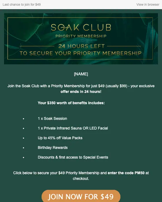Soak West End discount offer email