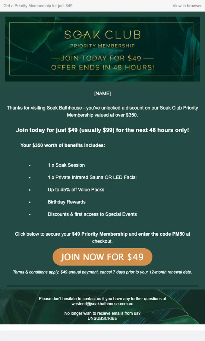 Soak West End discount offer email, full length