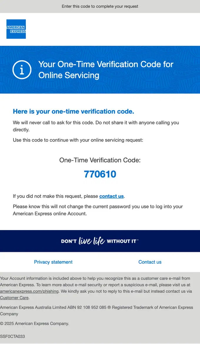 American Express otp email, full length