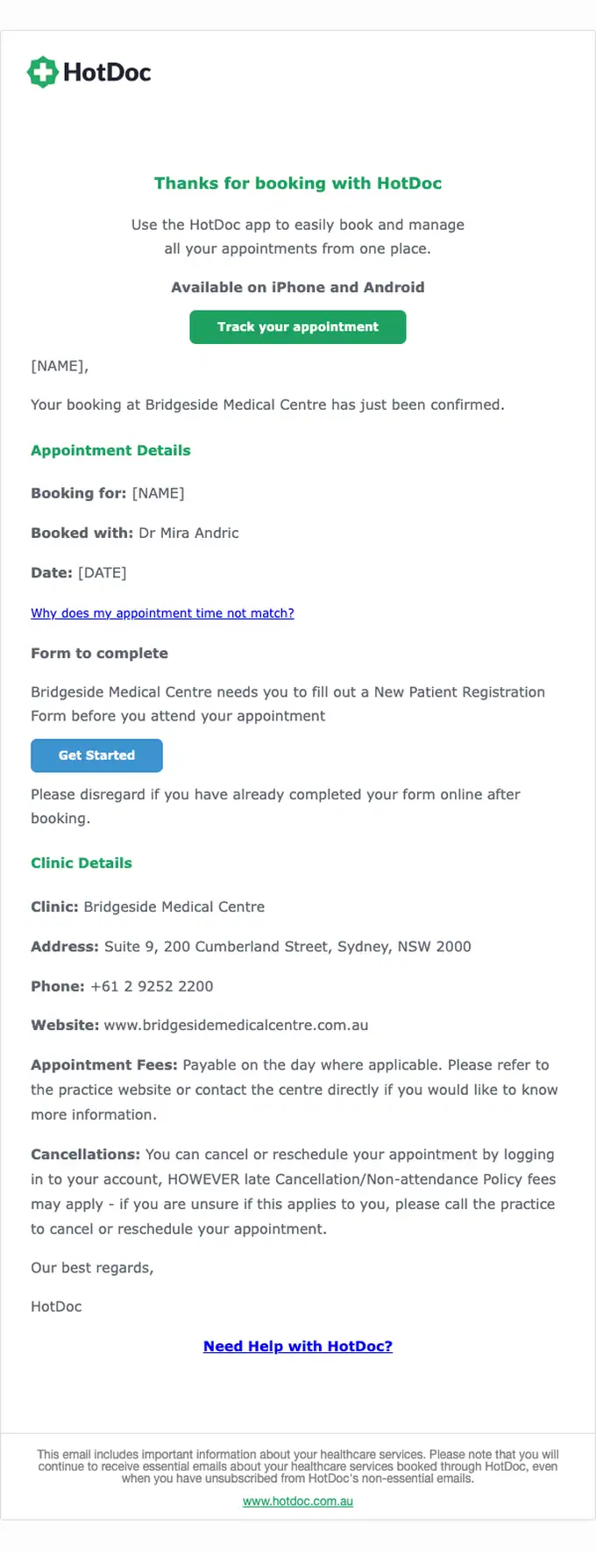 HotDoc appointment email, full length
