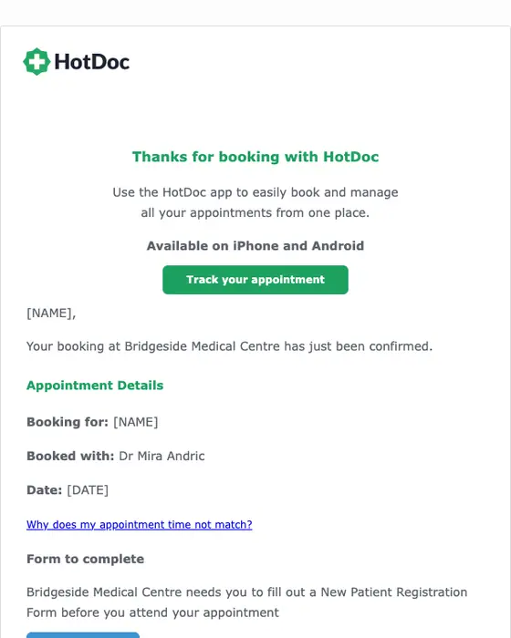 HotDoc appointment email