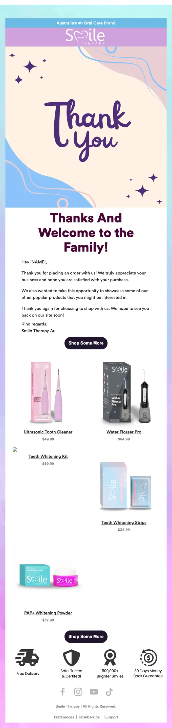Smile Therapy order confirmation email, full length