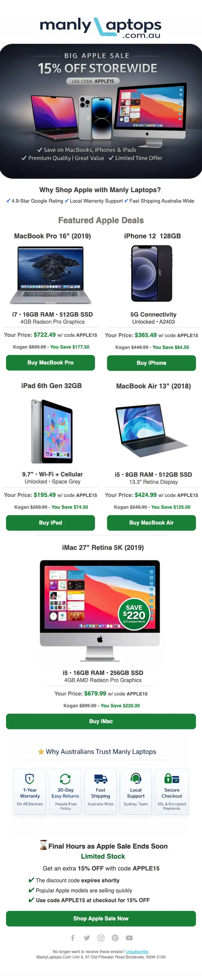 ManlyLaptops.com.au sale email, full length