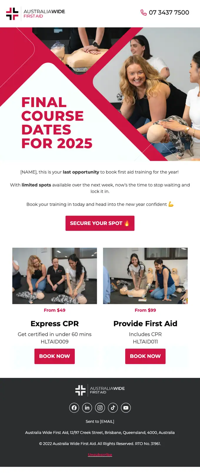 Australia Wide First Aid promotional email, full length