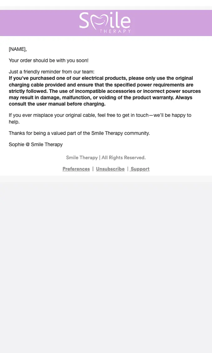 Smile Therapy account notice email, full length