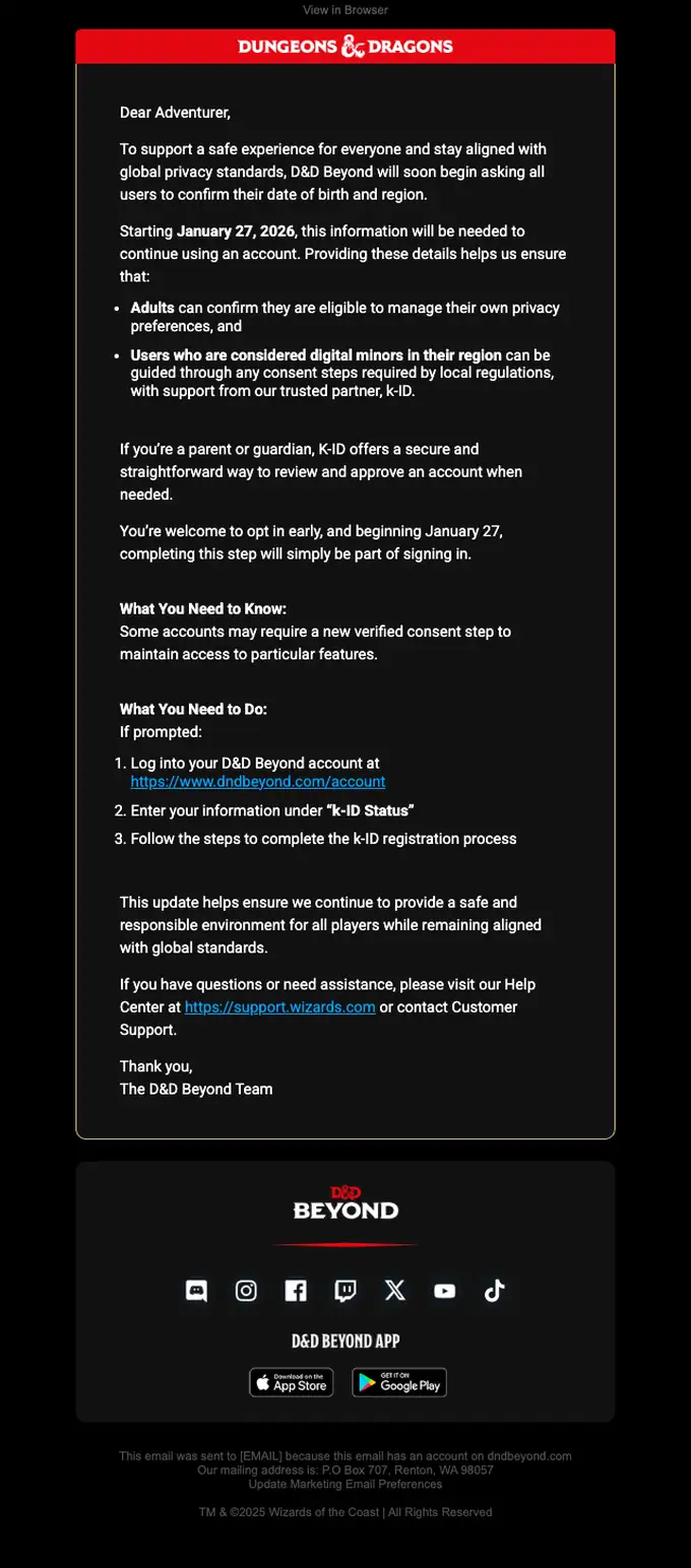 D&D Beyond account notice email, full length