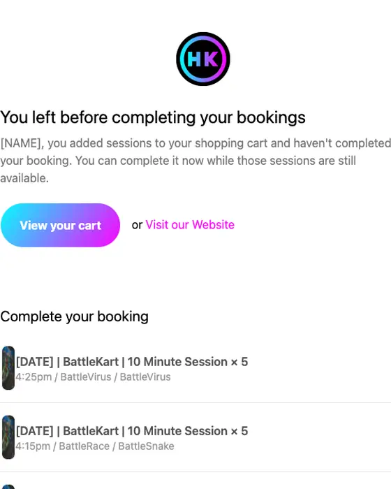Hyper Karting abandoned cart email