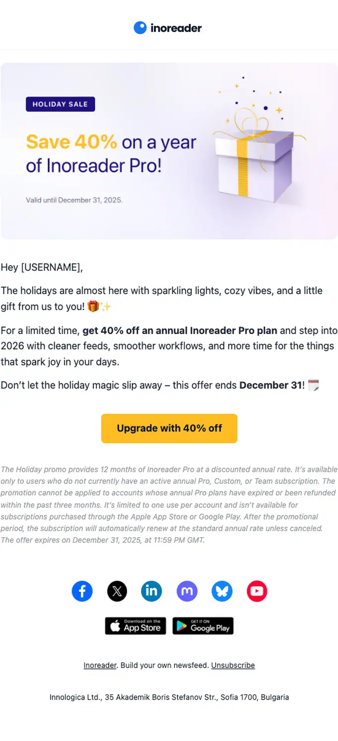 Inoreader discount offer email, full length
