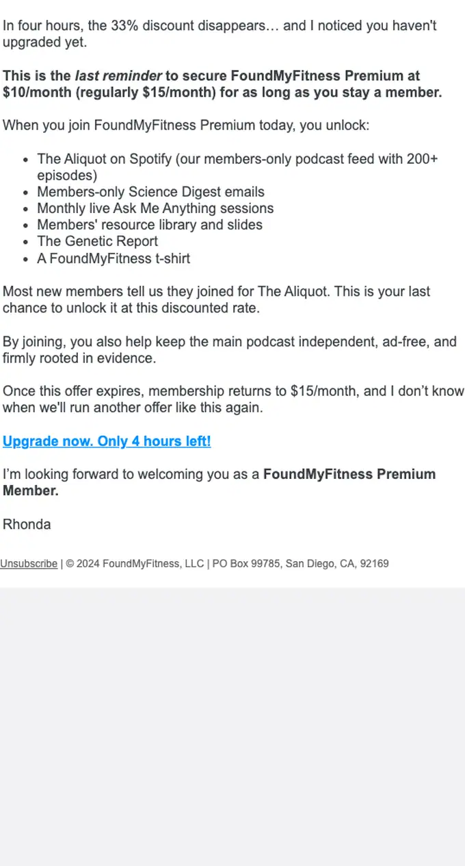 FoundMyFitness discount offer email, full length