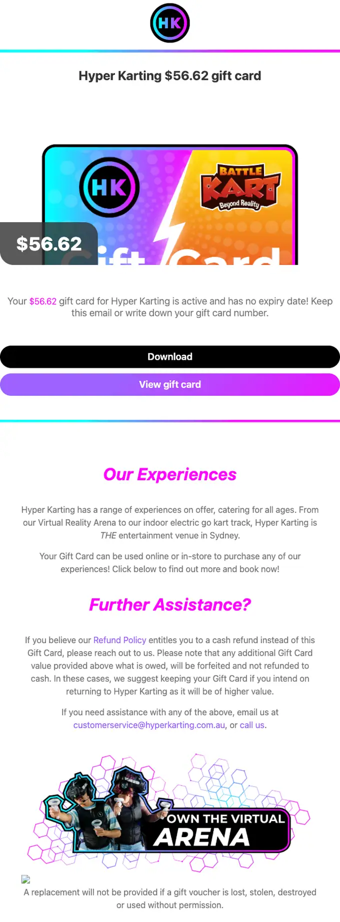 Hyper Karting receipt email, full length