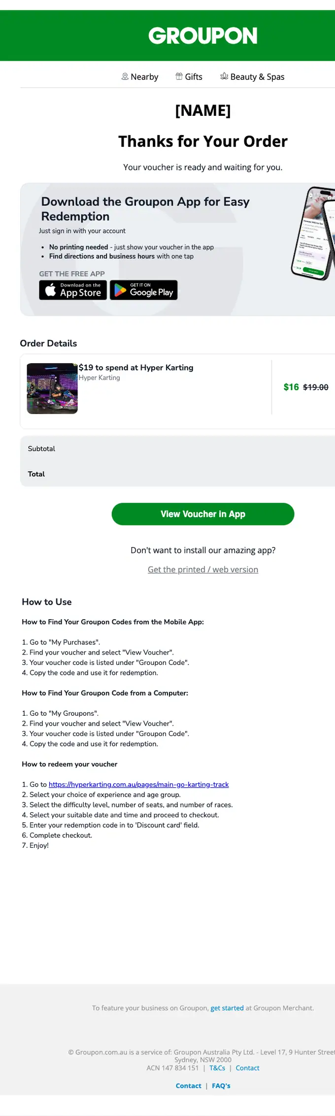 Groupon order confirmation email, full length