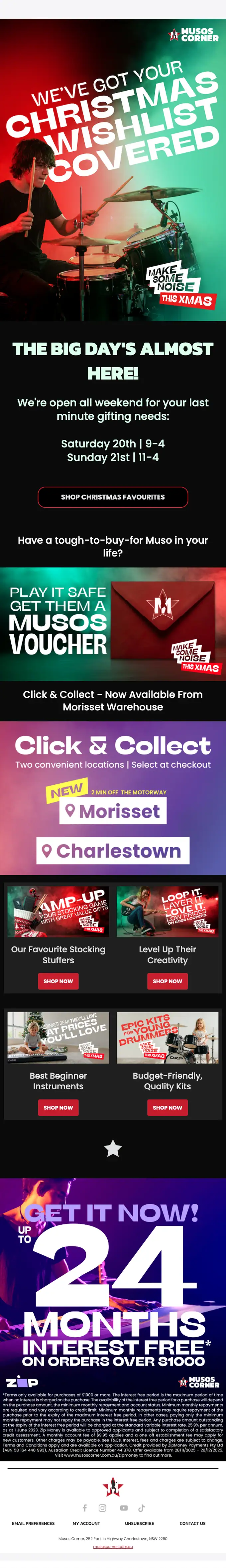 Musos Corner seasonal email, full length