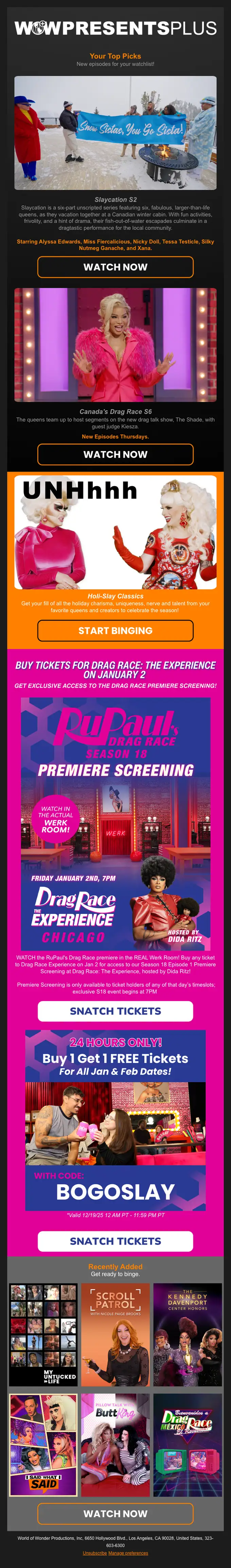 WOW Presents Plus newsletter email, full length