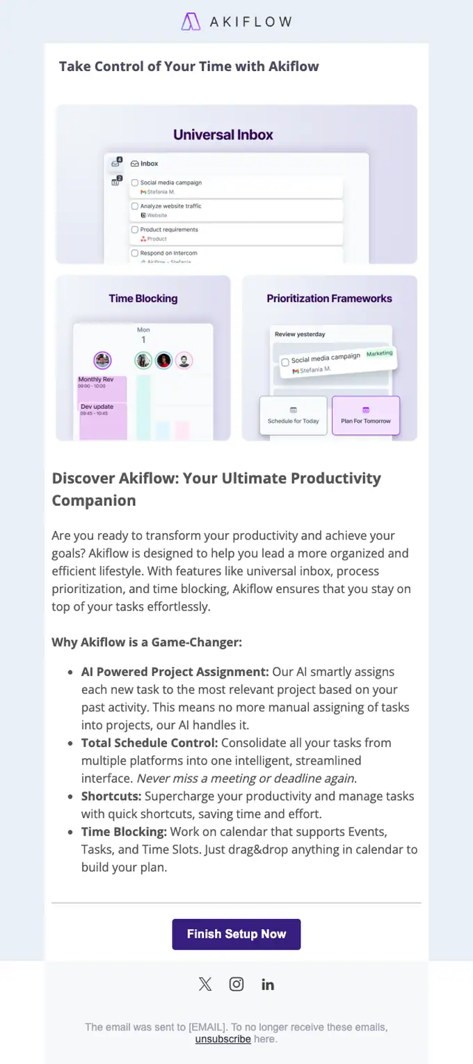 Akiflow welcome email, full length