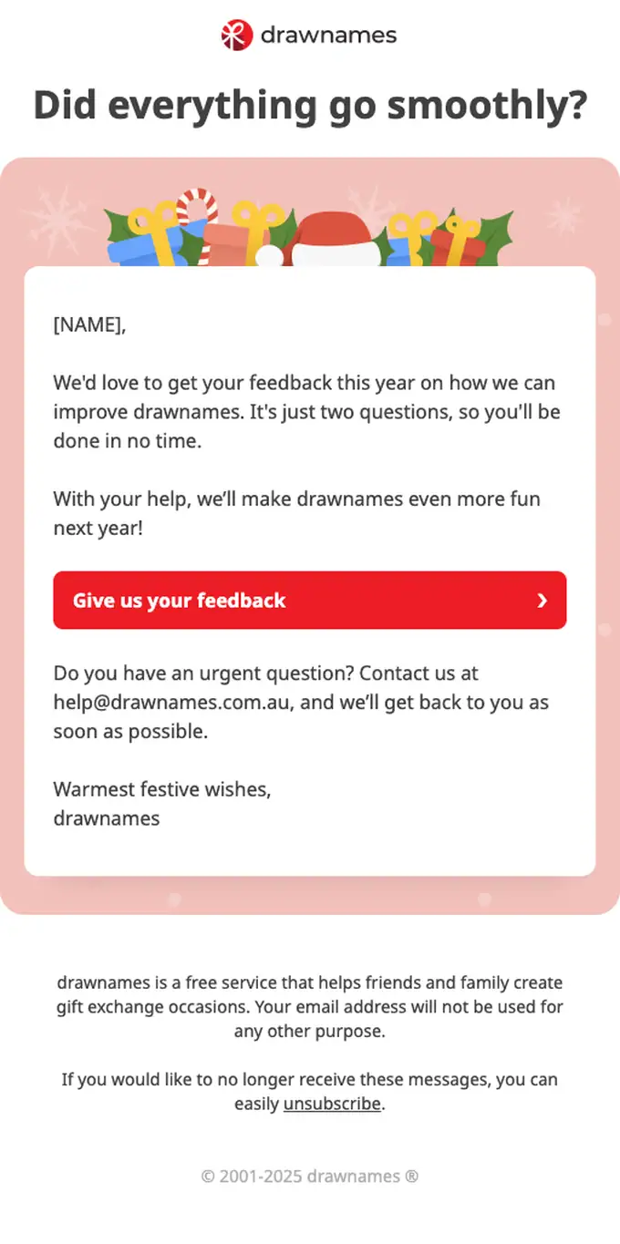 drawnames survey email, full length