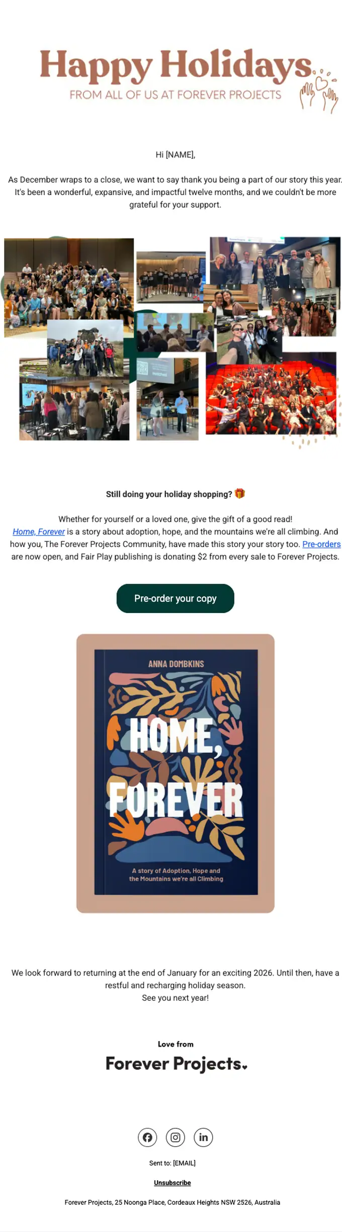 Forever Projects promotional email, full length