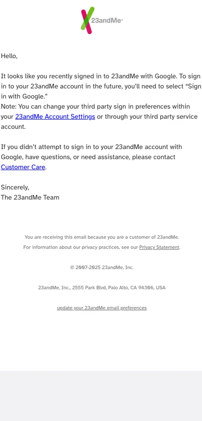 23andMe security alert email, full length