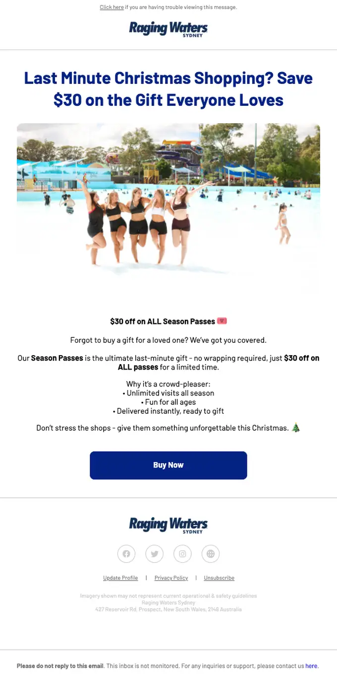 Raging Waters Sydney promotional email, full length