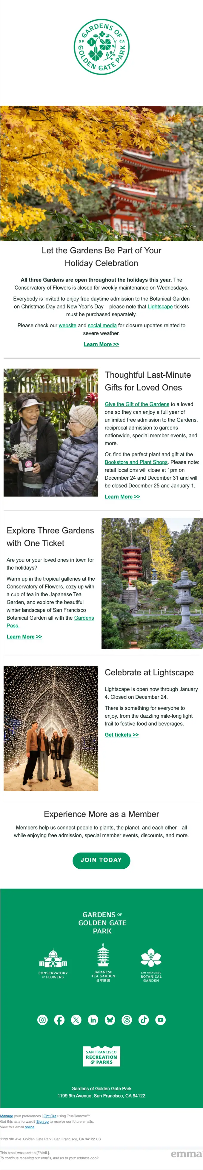 Gardens of Golden Gate Park seasonal email, full length