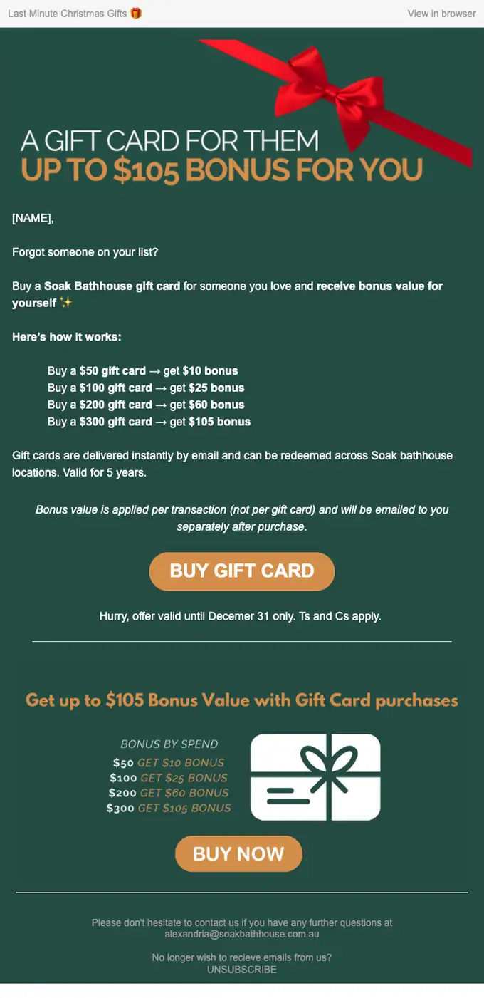 Soak Bathhouse promotional email, full length
