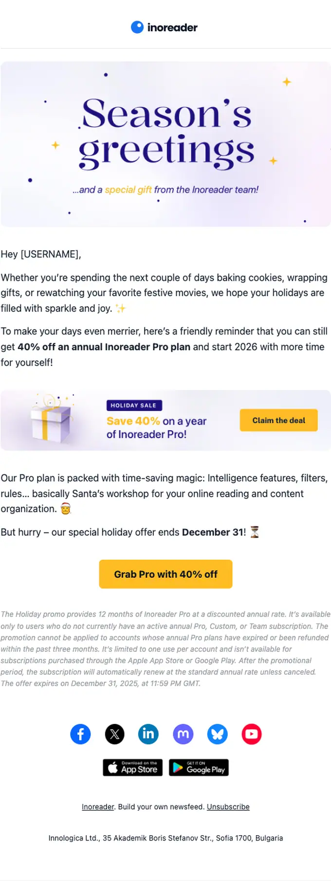 Inoreader discount offer email, full length