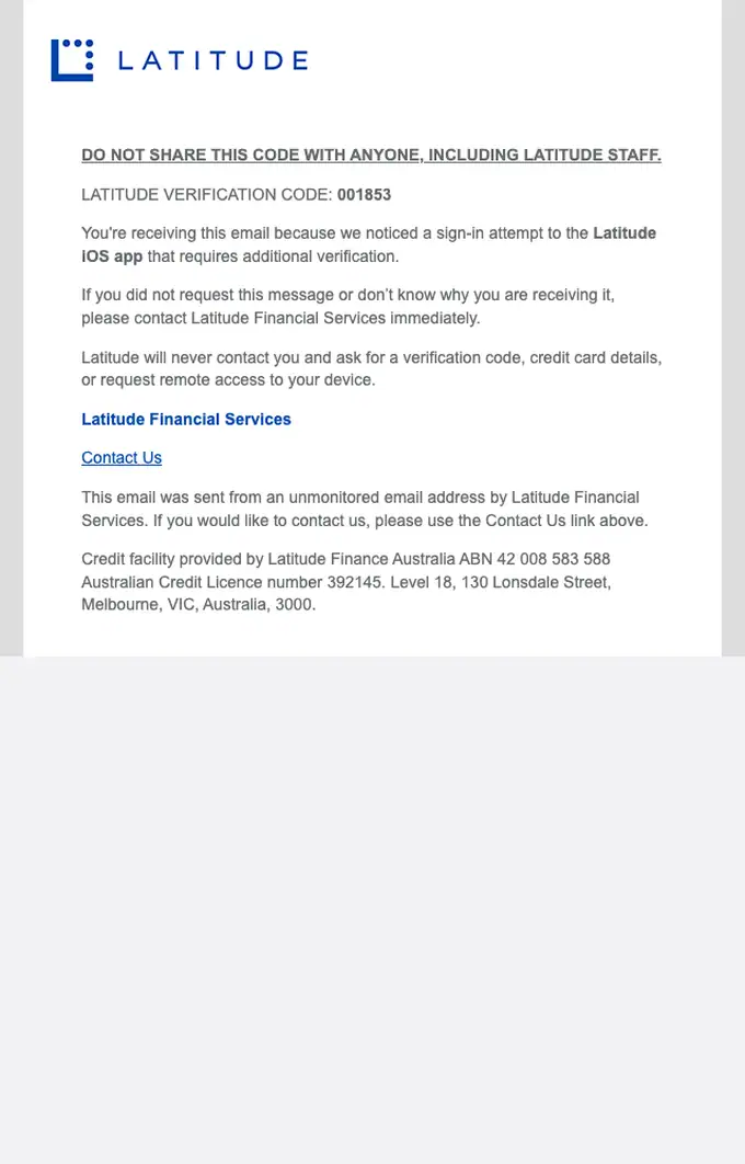 Latitude Financial Services otp email, full length