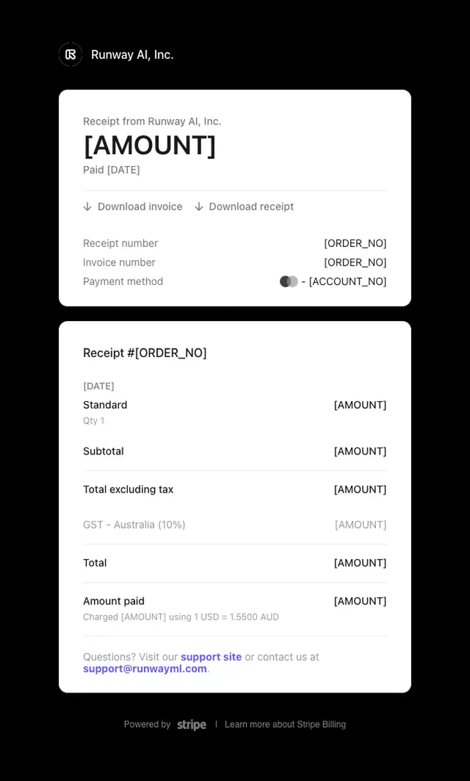 Runway AI, Inc. receipt email, full length