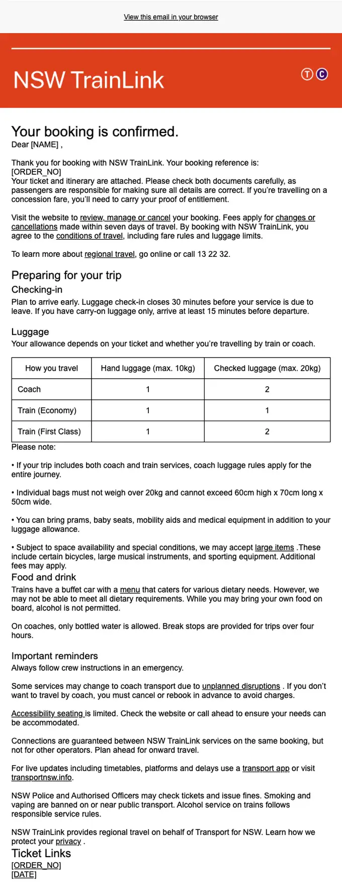 NSW TrainLink booking confirmation email, full length
