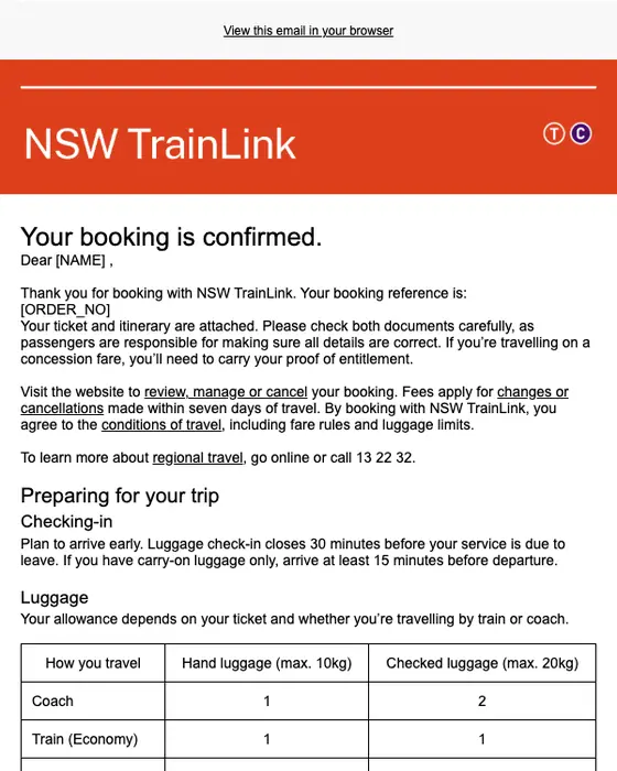 NSW TrainLink booking confirmation email