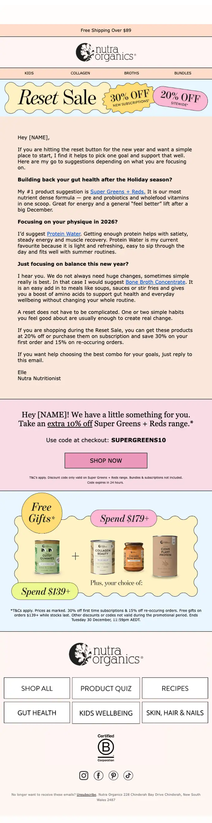 Nutra Organics promotional email, full length