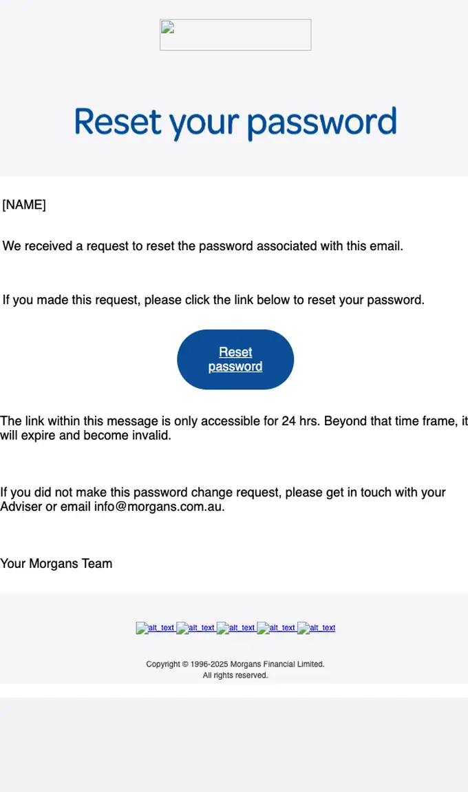 Morgans Financial Limited password reset email, full length