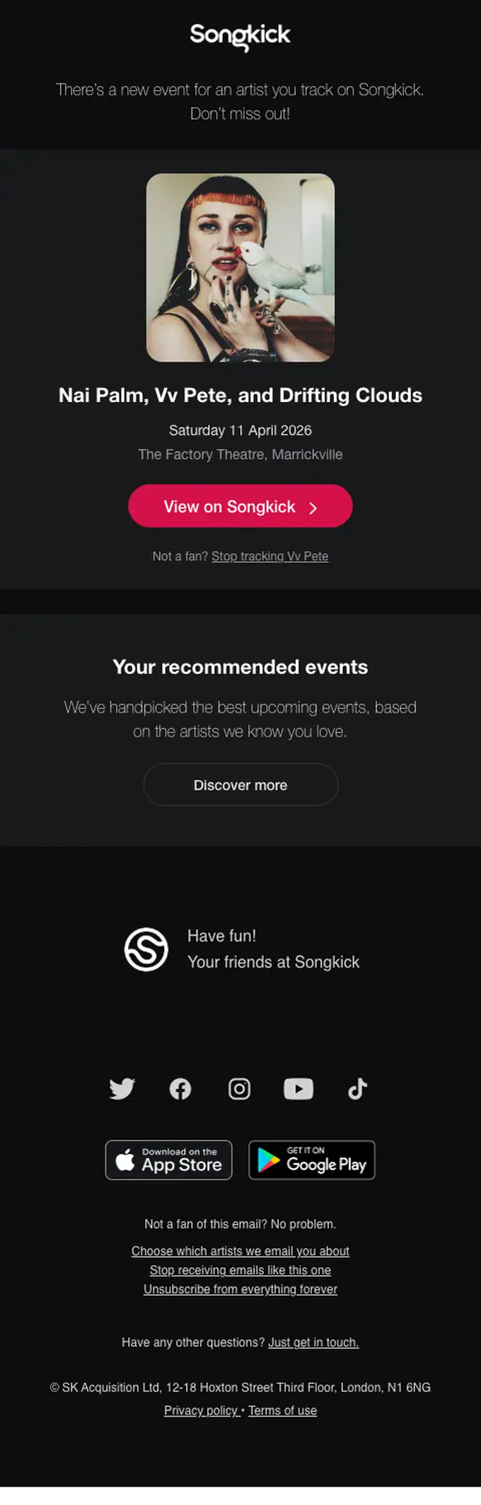 Songkick event invite email, full length