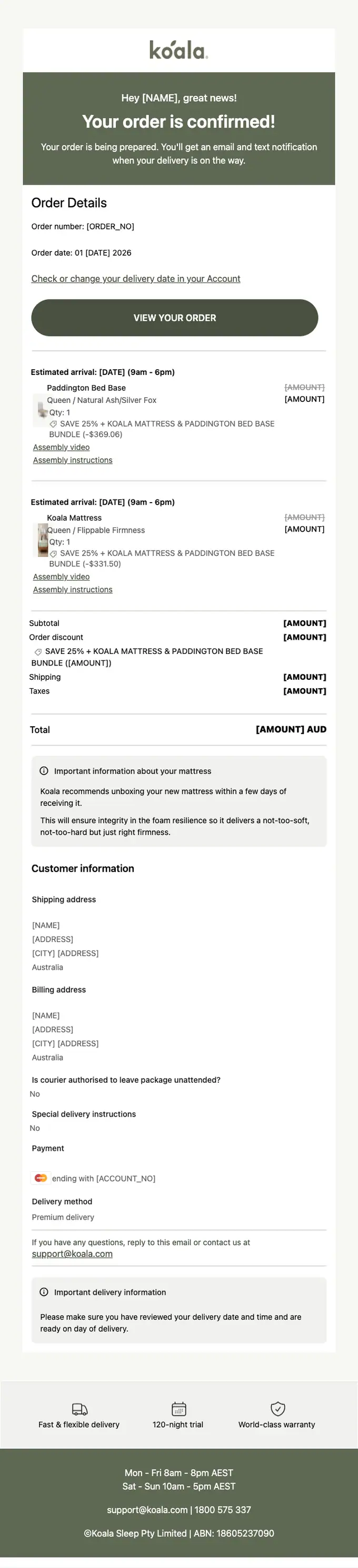 Koala AU order confirmation email, full length