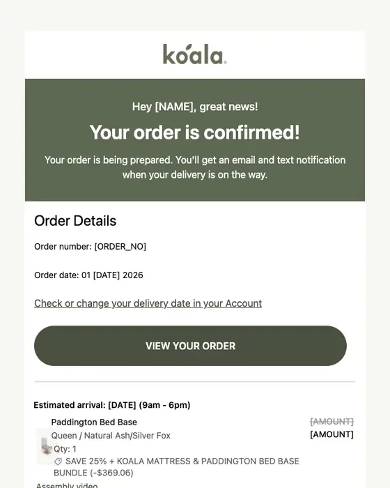 Koala AU order confirmation email: Order [REF] confirmed
