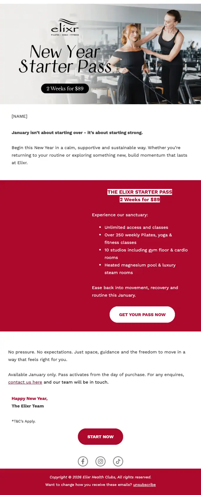 Elixr Health Club promotional email, full length