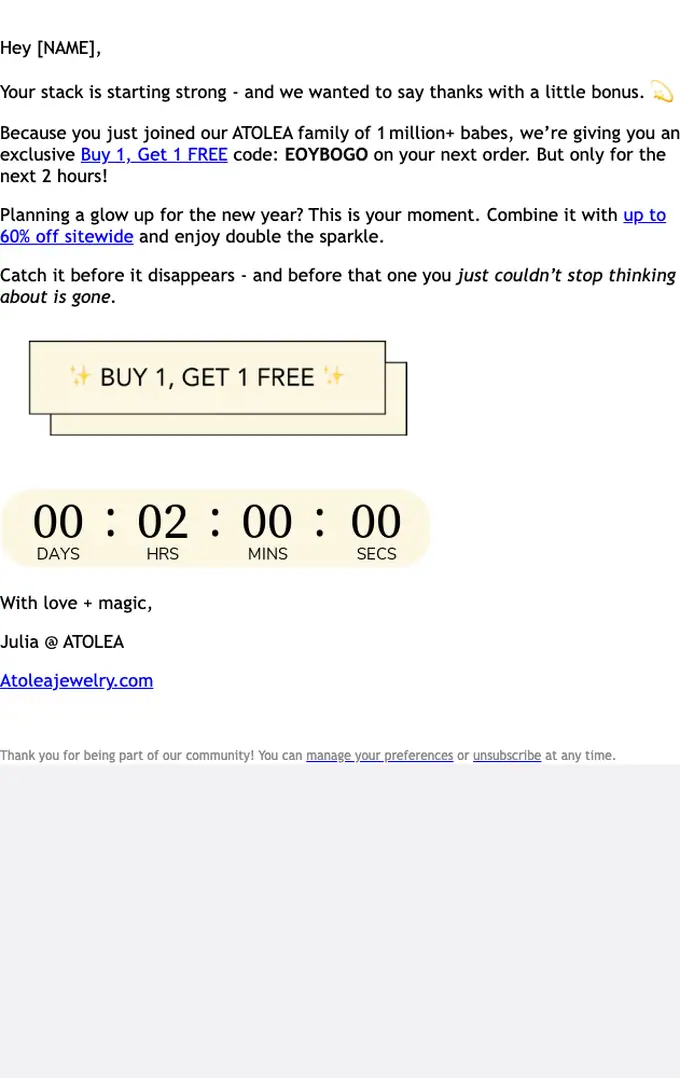 Atolea Jewelry discount offer email, full length