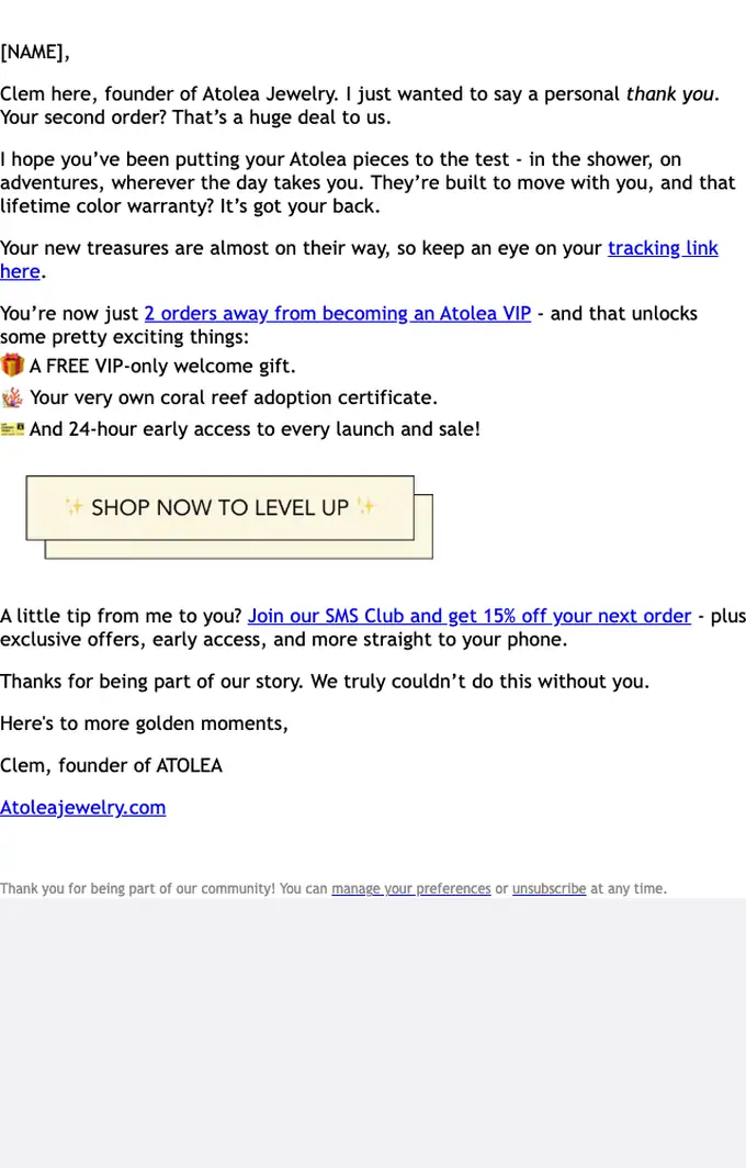 Atolea Jewelry thank you email, full length