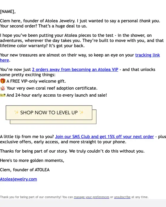 Atolea Jewelry thank you email