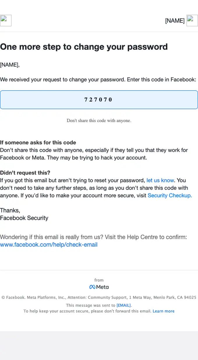 Facebook password reset email, full length