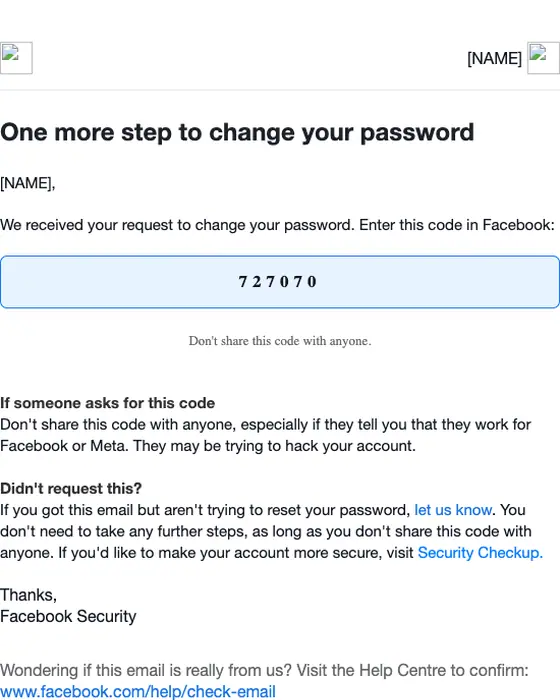 Facebook password reset email