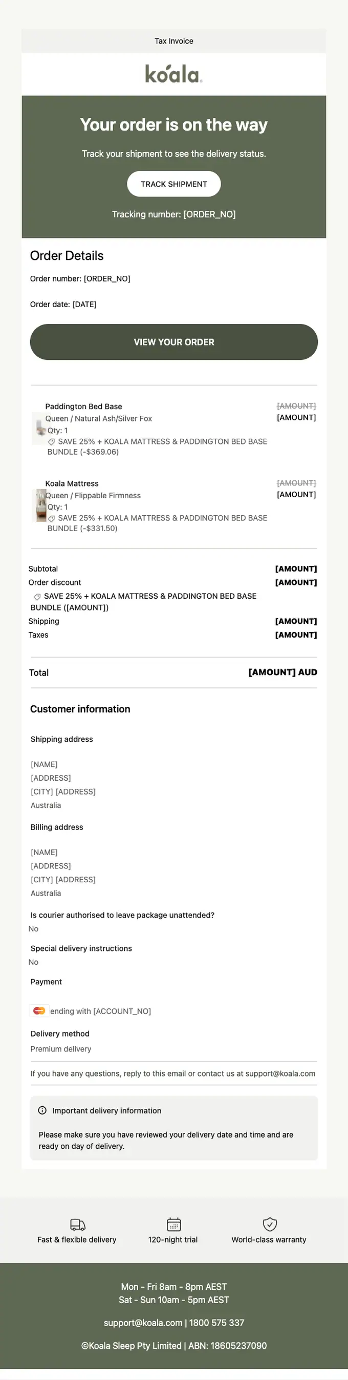 Koala AU shipping email, full length