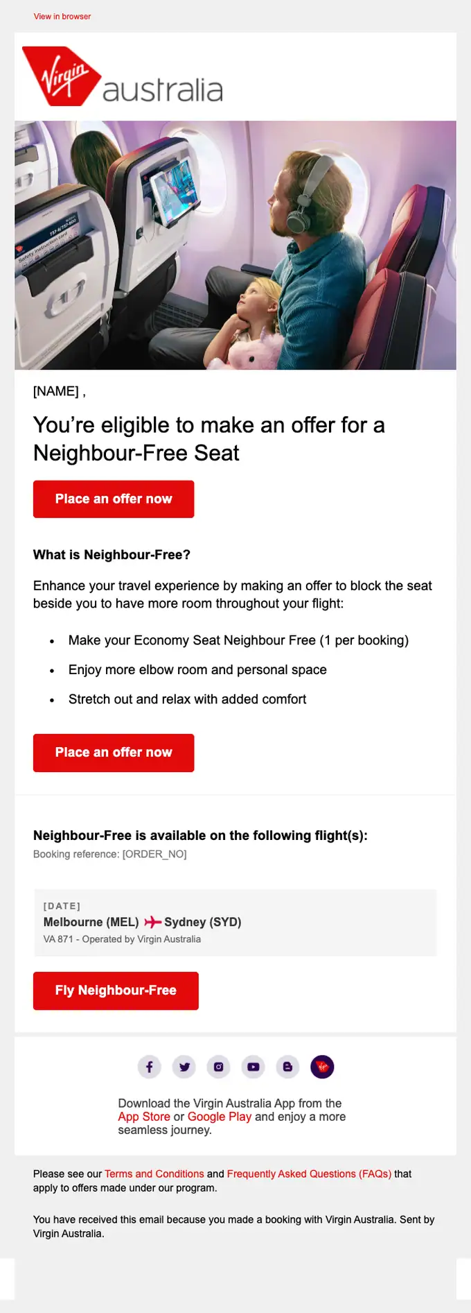 Virgin Australia promotional email, full length