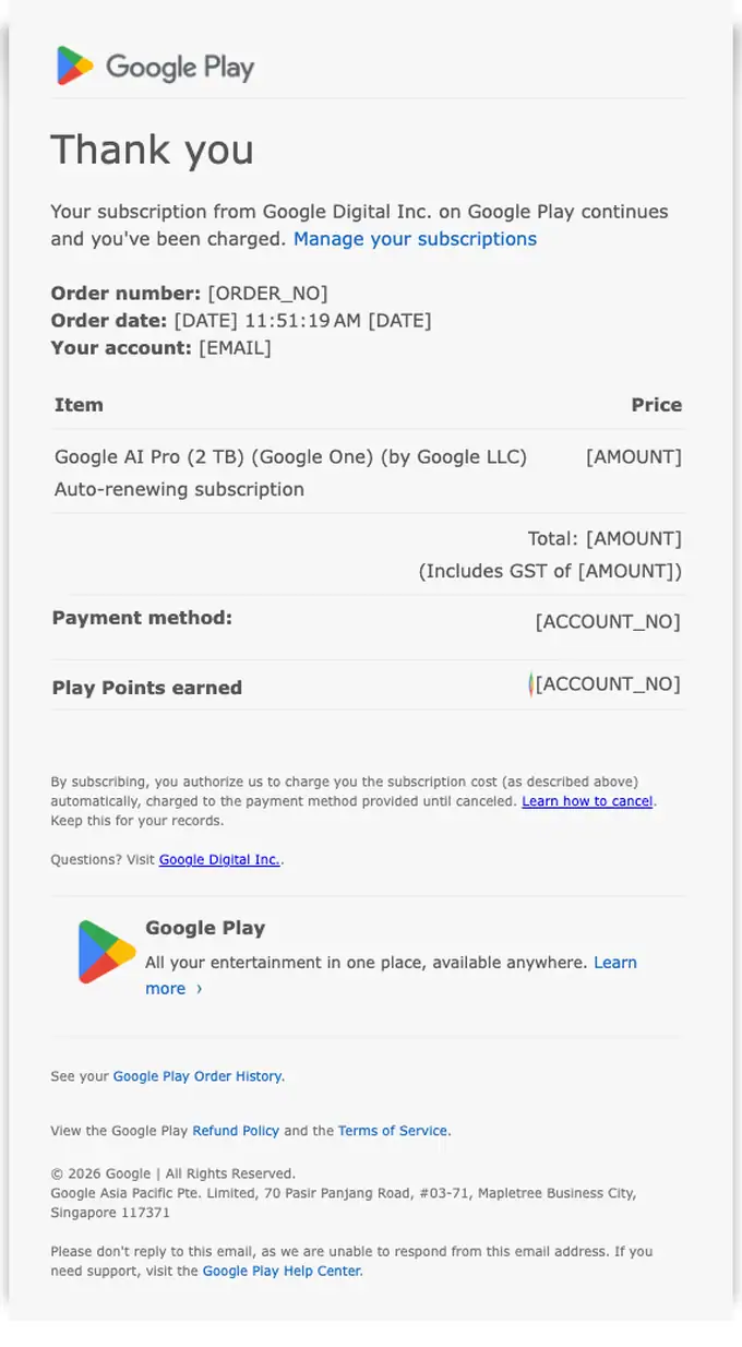 Google Play receipt email, full length